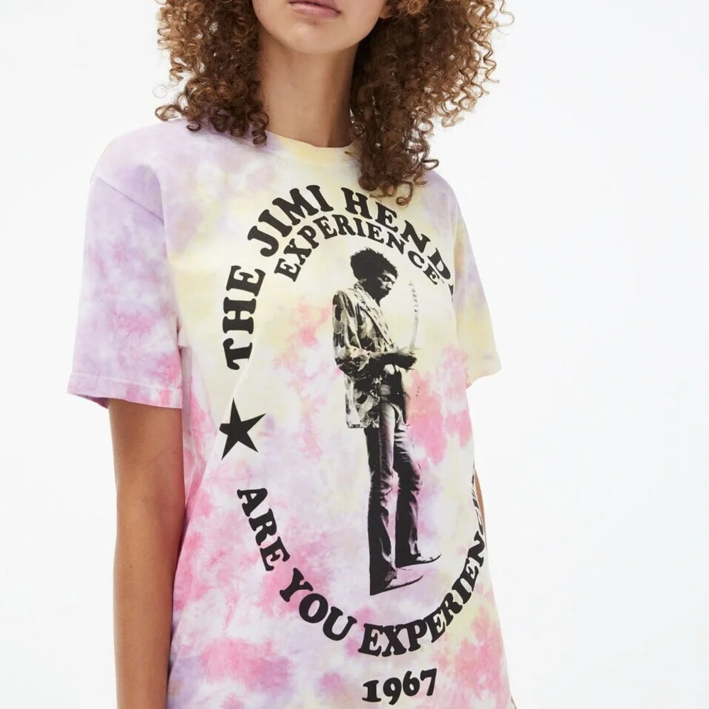 Jimi Hendrix Tie Dye Band Shirt Short Sleeve Pink Yellow Womens XL - Picture 2 of 5